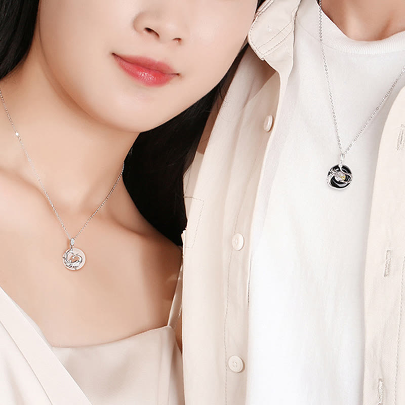 925 Sterling Silver Year of the Dragon Natural Black Onyx Chalcedony Dragon Phoenix Peace Buckle Protection Necklace Pendant