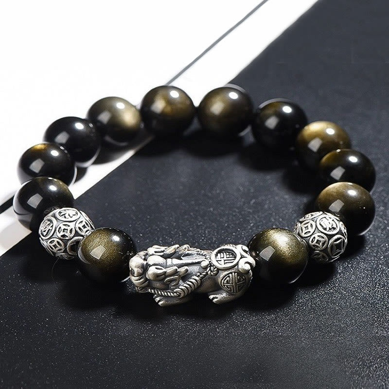 925 Sterling Silver Natural Gold Sheen Obsidian PiXiu Wealth Protection Bracelet