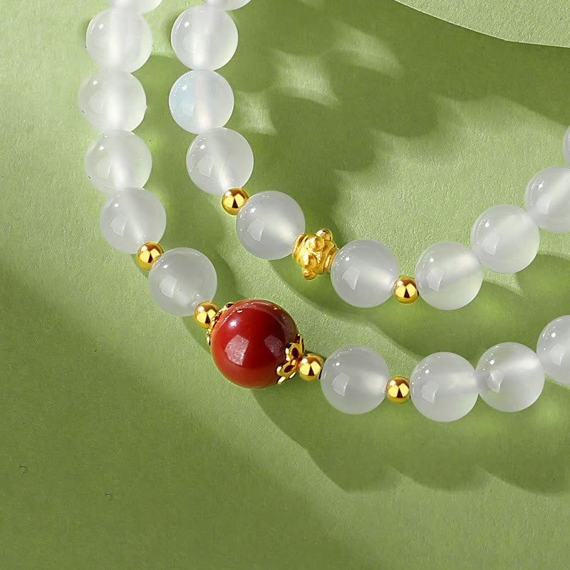 Natural White Agate and Cinnabar 925 Sterling Silver Double Wrap Bracelet
