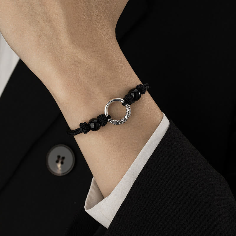 925 Sterling Silver Black Onyx Ping An Kou Peace Buckle Adjustable Bracelet