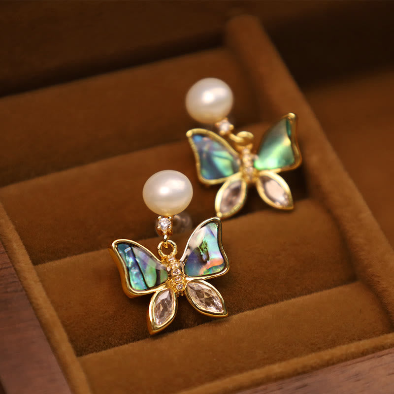 18K Gold Plated Copper Natural Shell Pearl Butterfly Sincerity Stud Earrings