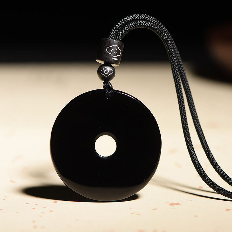 Chinese Zodiac Natural Black Obsidian Peace Buckle Strength Necklace Pendant