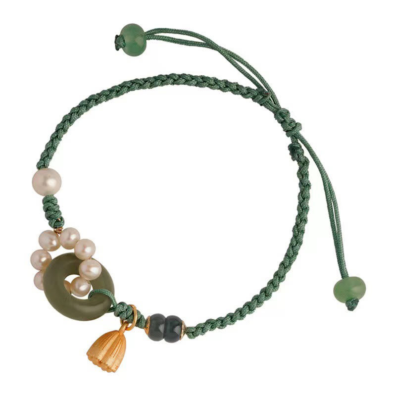 Natural Hetian Jade Peace Buckle Pearl Luck Handcrafted Braided Bracelet