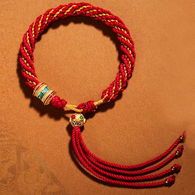 Handmade Tibetan Prayer Wheel & Endless Knot Braided Red String Bracelet