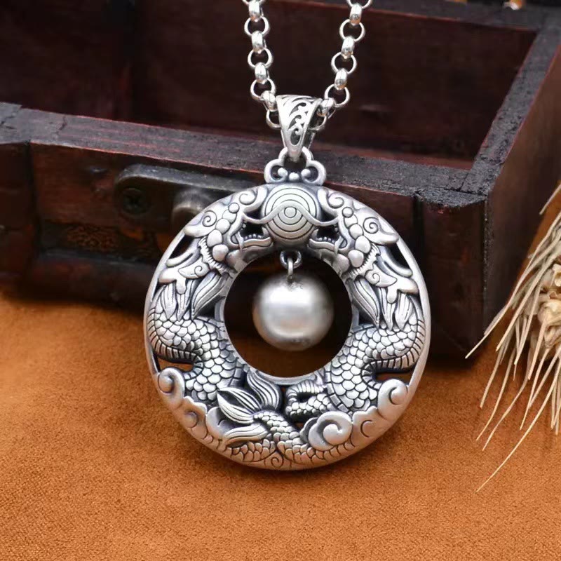 Double Dragon Playing Bead Copper Protection Necklace Pendant