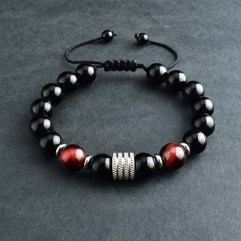 10mm Black Obsidian and Tiger Eye Beaded Bracelet with Titanium Steel