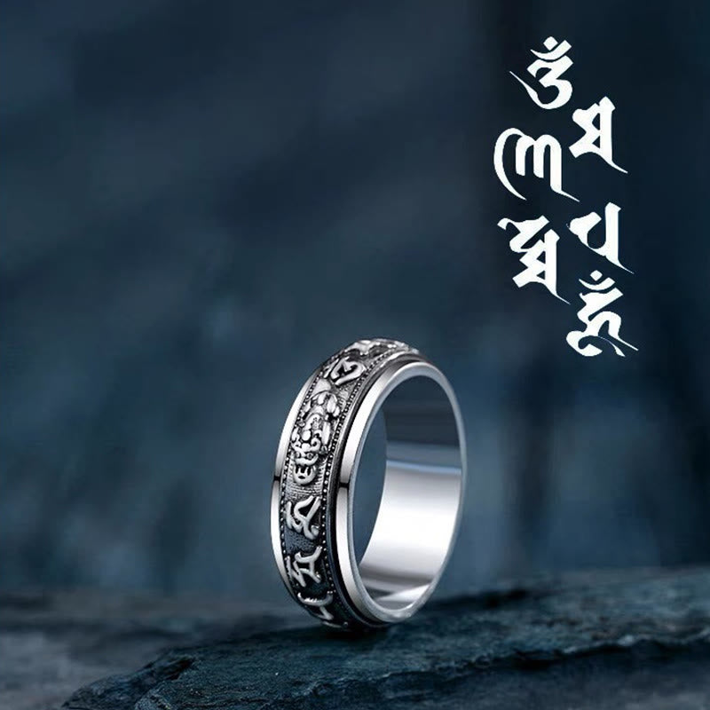 Handmade Sterling Silver & Copper Rotatable Om Mani Padme Hum Pixiu Lotus Ring
