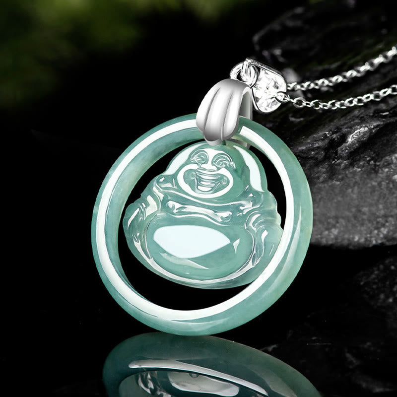 925 Sterling Silver Natural Jade Round Laughing Buddha Abundance Chain Necklace Pendant