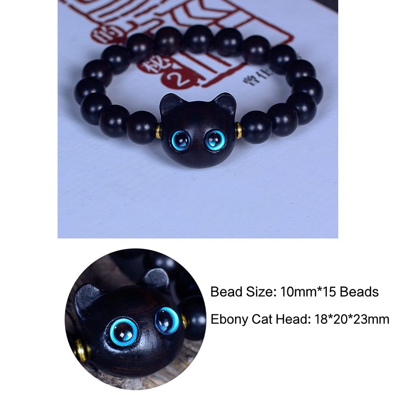 Natural Ebony Wood and Liuli Glass Lucky Cat Beaded Bracelet for Cat Lovers