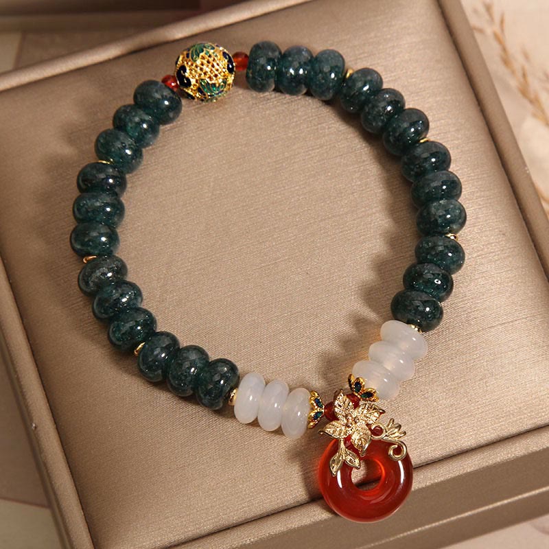 Jade, White & Red Agate Ping An Kou Peace Buckle Abacus Beaded Bracelet