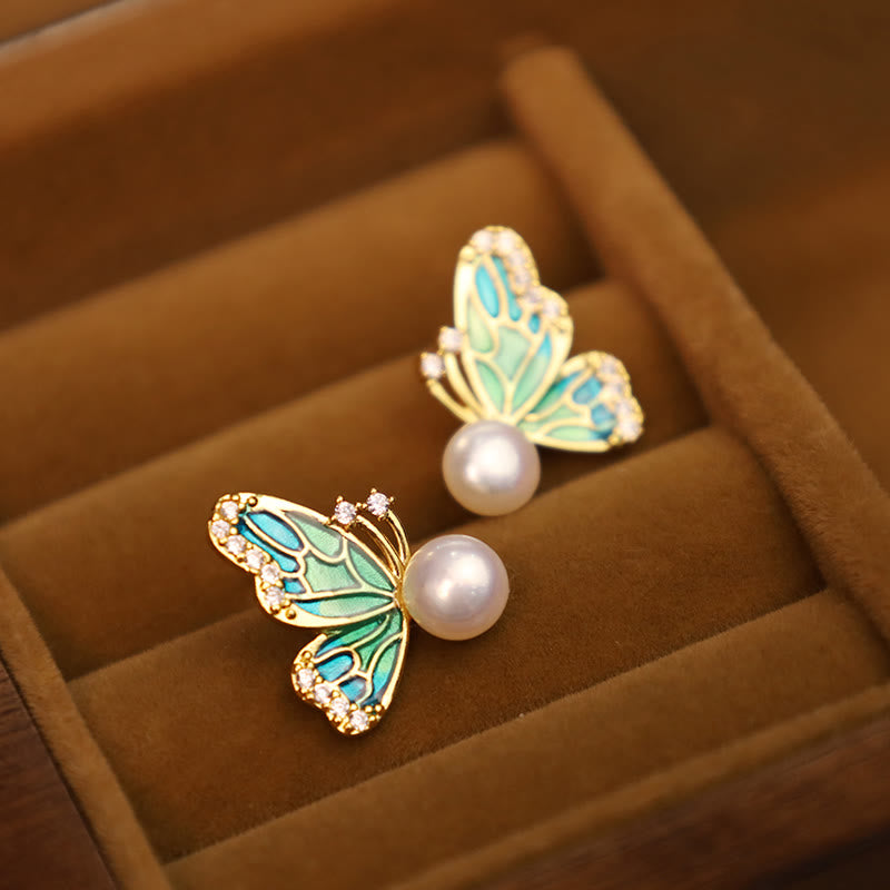 925 Sterling Silver Posts 18K Gold Plated Copper Natural Pearl Butterfly Healing Stud Earrings