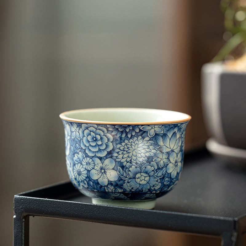 Vintage Lotus Peony Plum Blossom Chrysanthemum Ceramic Teacup Tea Cups