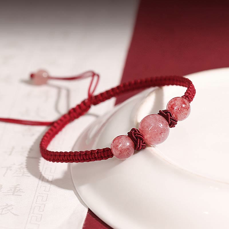 Natural Strawberry Quartz Woven Red String Adjustable Bracelet & Anklet