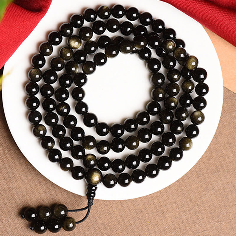 108 Mala Beads Natural Gold Sheen Obsidian Wealth Bracelet