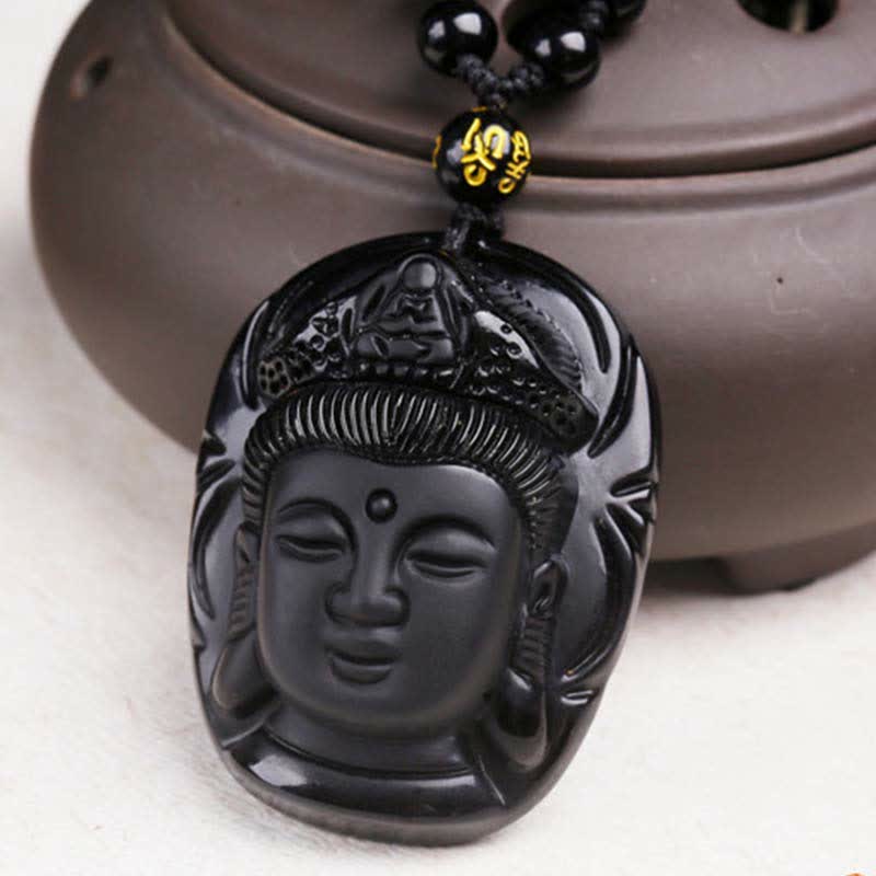 Natural Black Obsidian Kwan Yin Avalokitesvara Strength String Necklace Pendant