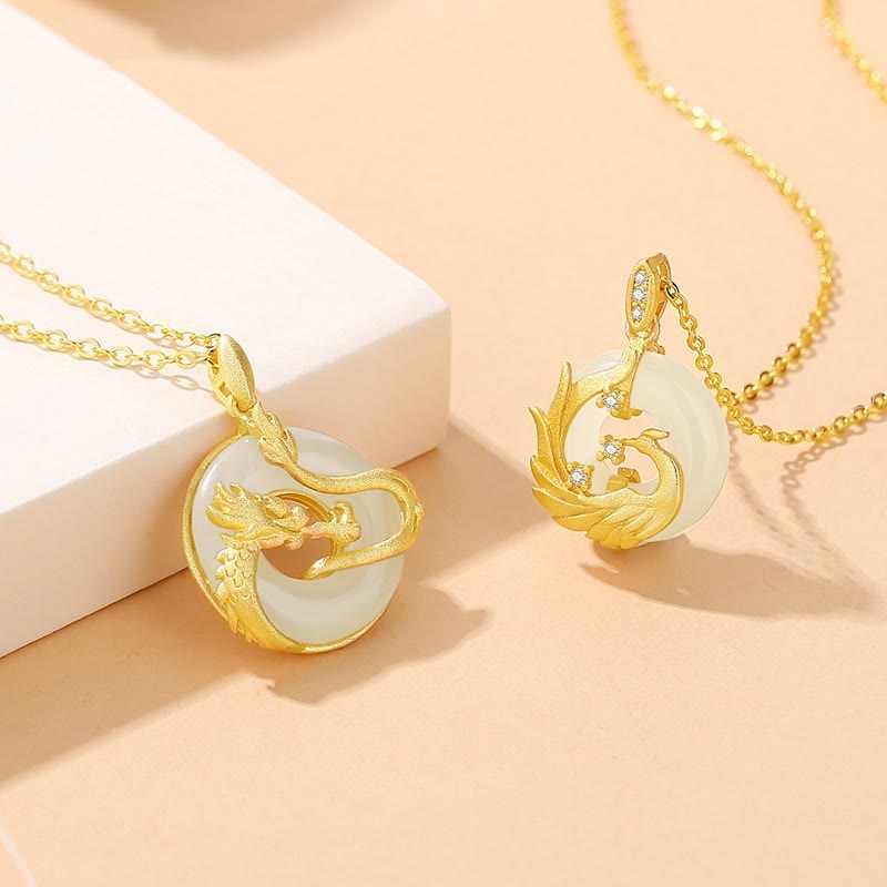 925 Sterling Silver Year of the Dragon Hetian Jade Golden Dragon Phoenix Peace Buckle Luck Necklace Pendant