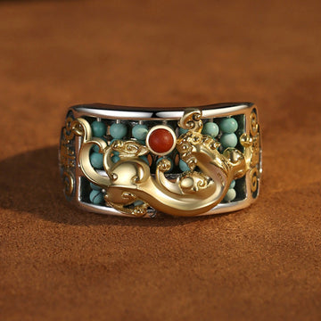 925 Sterling Silver Turquoise Red Agate PiXiu Abacus Protection Ring