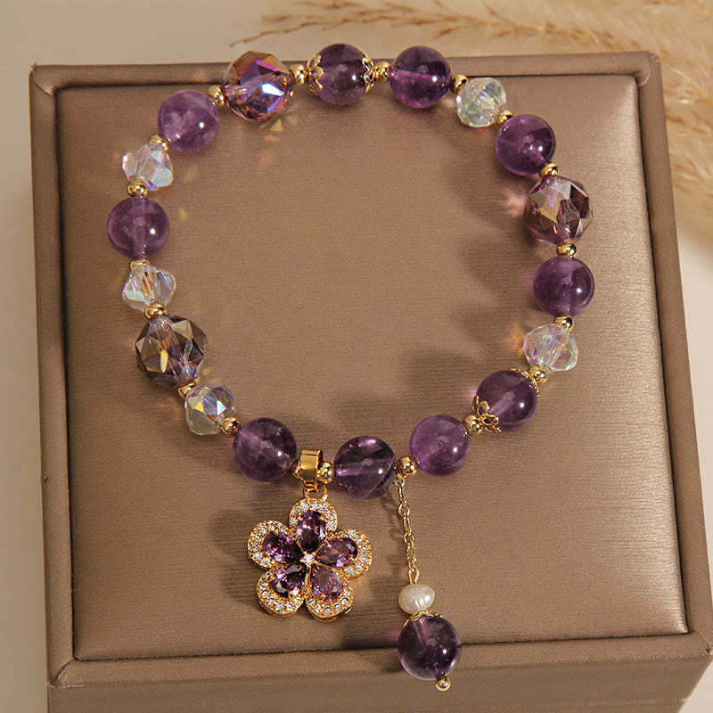 Natural Amethyst and Pearl Flower Charm Transformation Bracelet