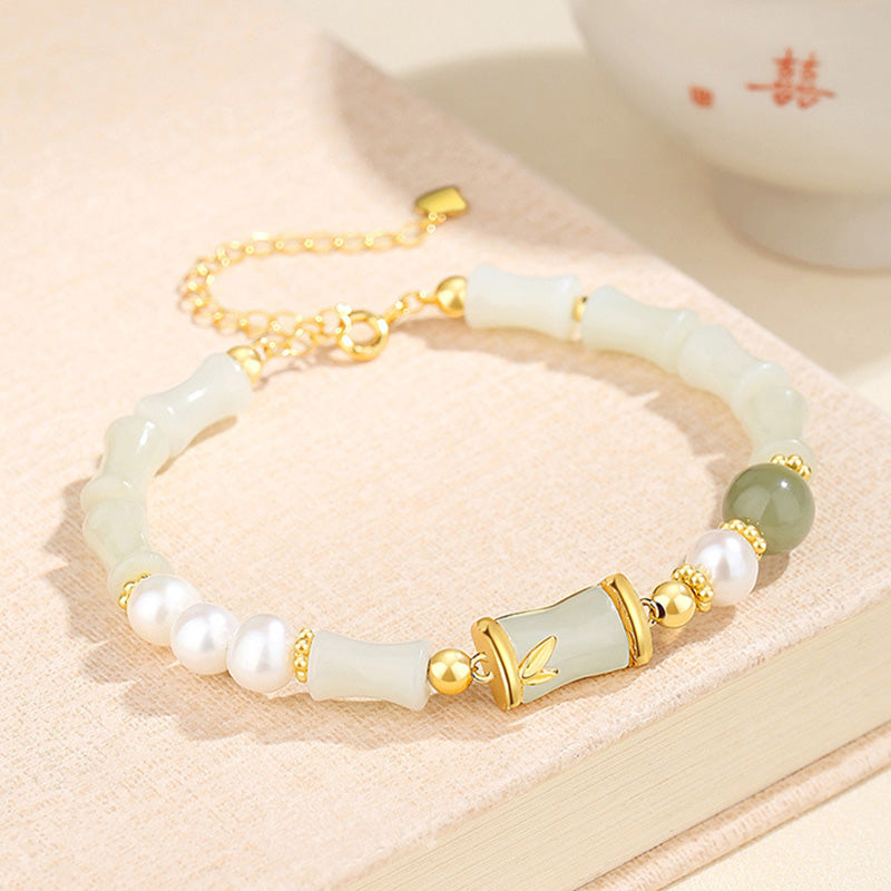 925 Sterling Silver Natural Hetian White Jade Bamboo Luck Blessing Bracelet
