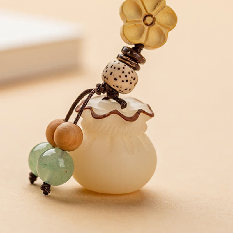 Handmade Bodhi Seed, Aventurine & Boxwood Money Bag Botanical Keychain