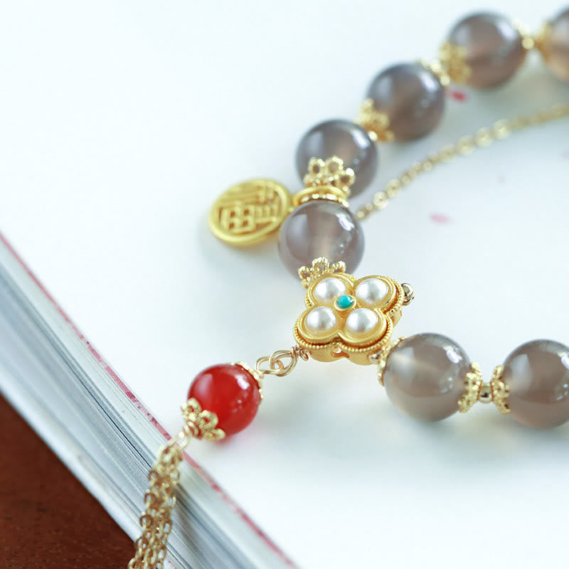 Natural Gray Agate and Pearl Beaded Bracelet with Fu Symbol Tassel