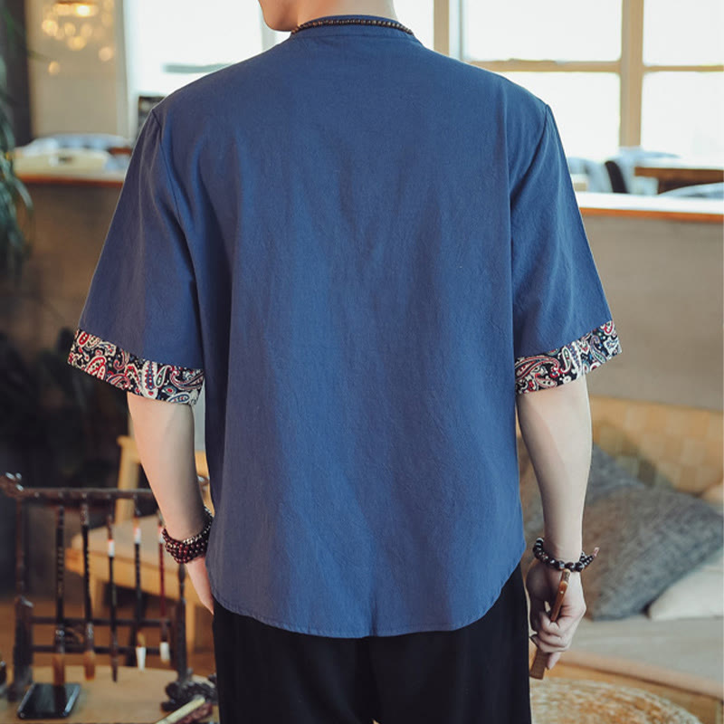 Frog-Button Dragon Embroidery Chinese Tang Suit Short Sleeve Shirt Linen Men Clothing