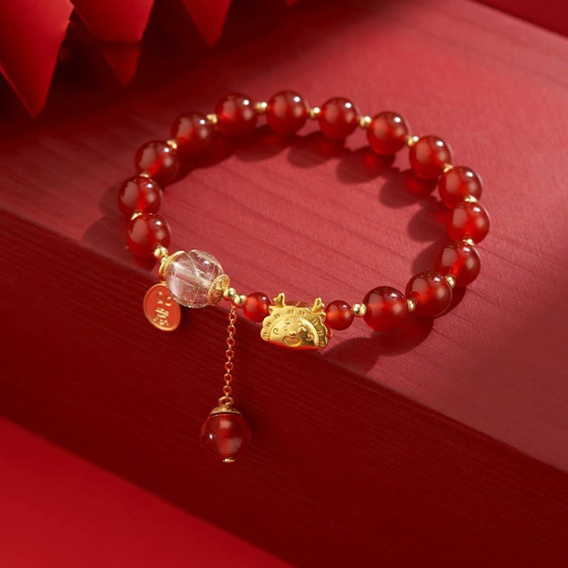 Year of the Dragon Dumpling Natural Red Agate Garnet Hetian Jade Fu Character Luck Success Bracelet