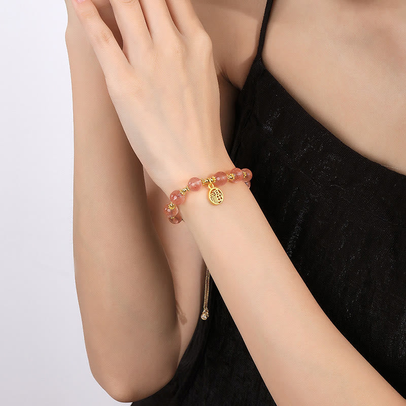 Natural Strawberry Quartz 14K Gold Plated Fu Character Charm Beaded Bracelet