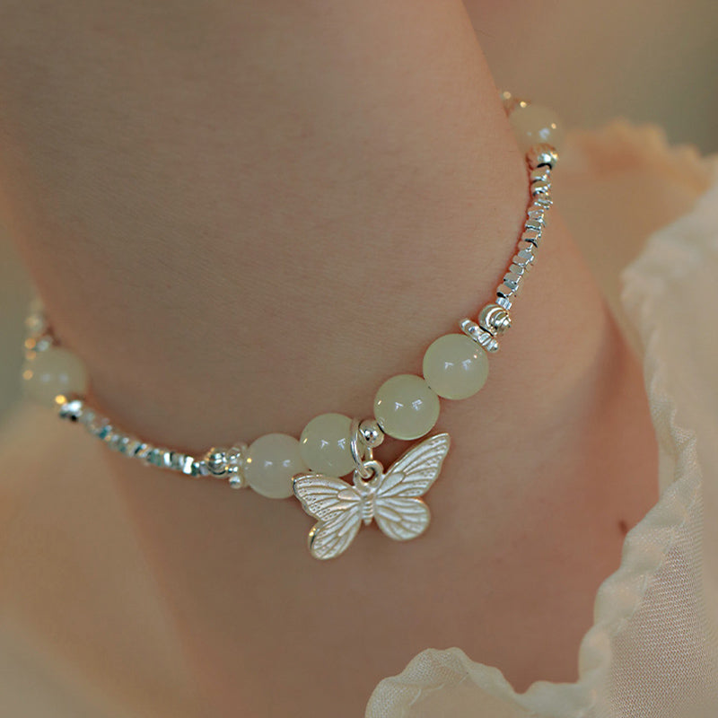925 Sterling Silver Natural Hetian Jade Luck Butterfly Charm Bracelet