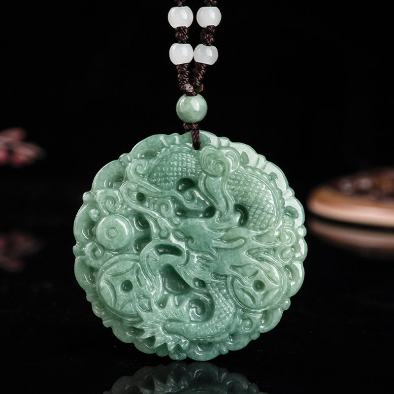 Chinese Zodiac Dragon Jade Fortune Necklace String Pendant