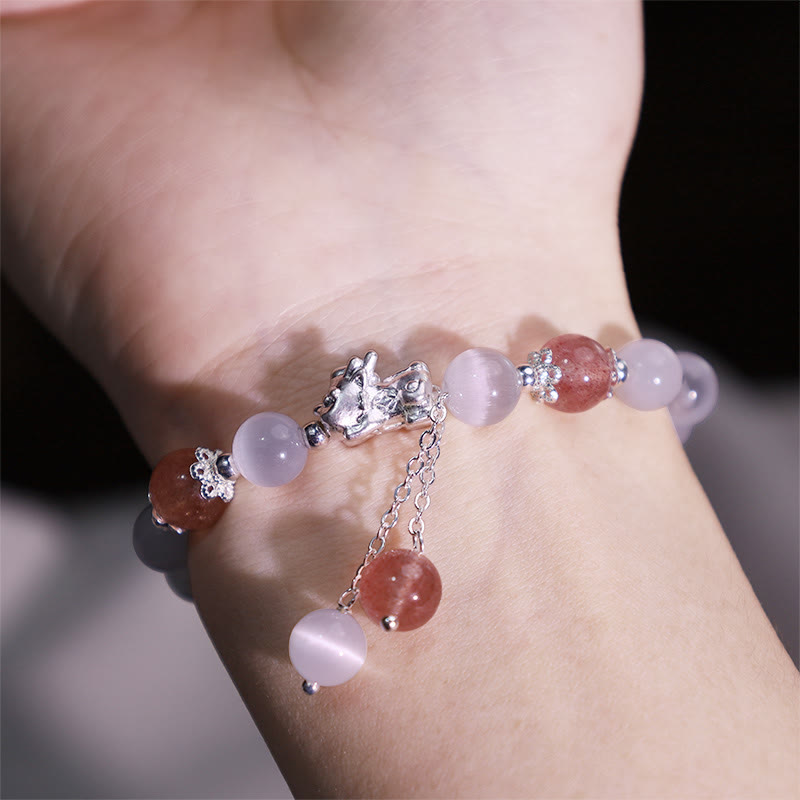 Natural Cat's Eye Moonstone Strawberry Quartz PiXiu Support Bracelet