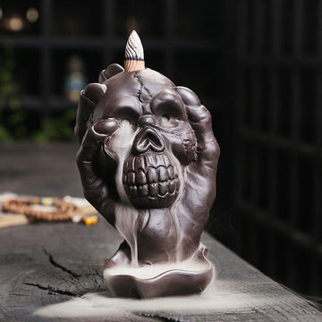 Gothic Skull and Ghost Hand Purple Clay Backflow Incense Burner