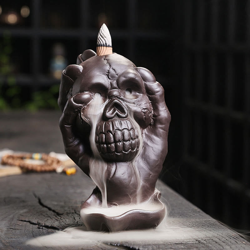 Gothic Skull and Ghost Hand Purple Clay Backflow Incense Burner