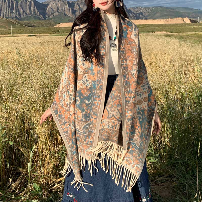 Tibetan Flower Branch Tassel Shawl Cozy Travel Scarf Wrap