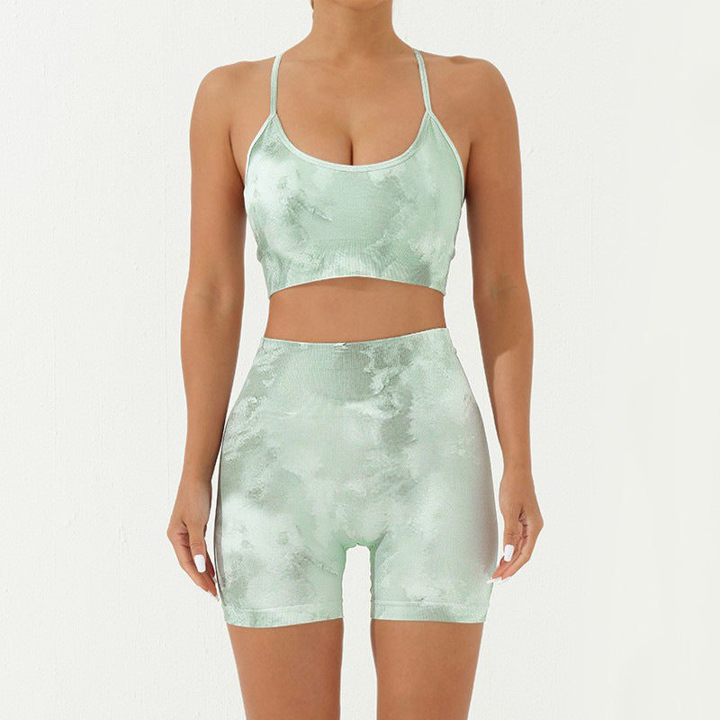 2Pcs Camo Print Backless Criss-Cross Strap Top Bra Shorts Leggings Pants Fitness Yoga Outfit Set