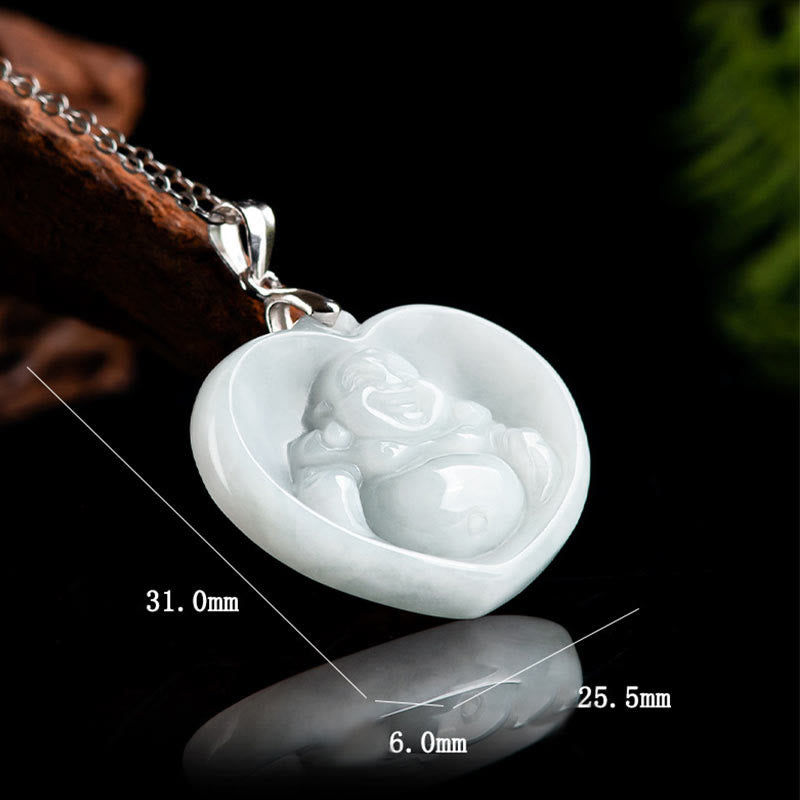 925 Sterling Silver Laughing Buddha White Jade Luck Blessing Necklace Pendant