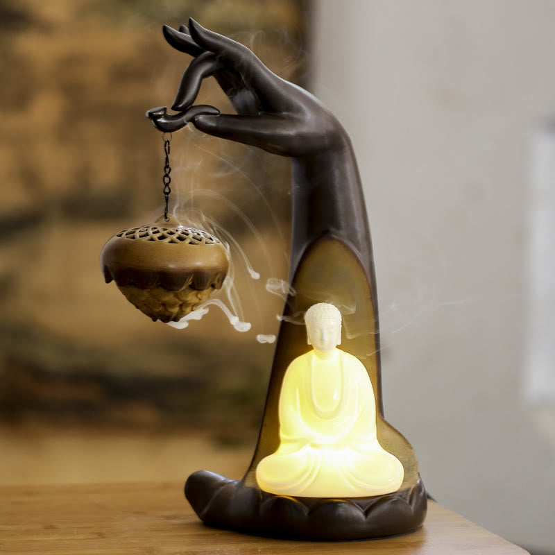 Mudra Hand LED Ceramic Backflow Smoke Fountain Incense Burner