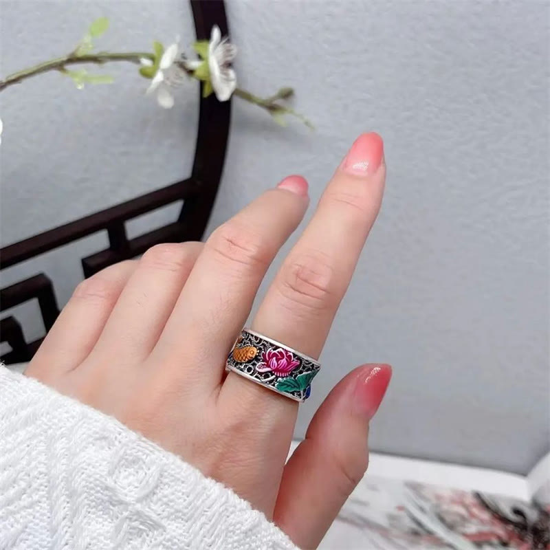 Copper Blue Enamel Lotus Heart Sutra Koi Fish Luck Ring
