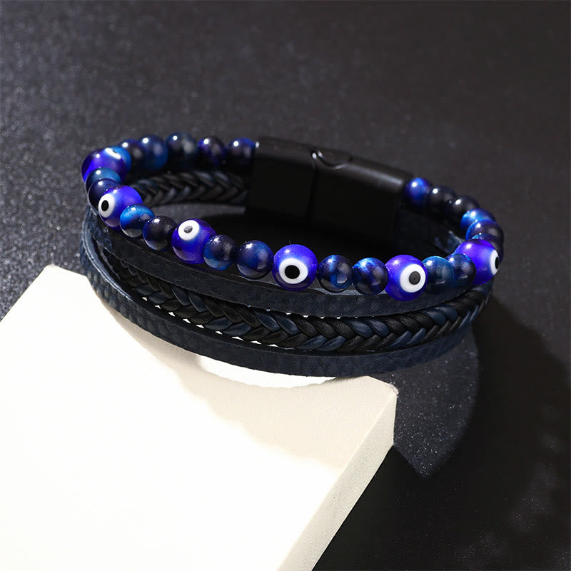 Evil Eye Tiger Eye Protection Beaded Multilayered Braided Bracelet