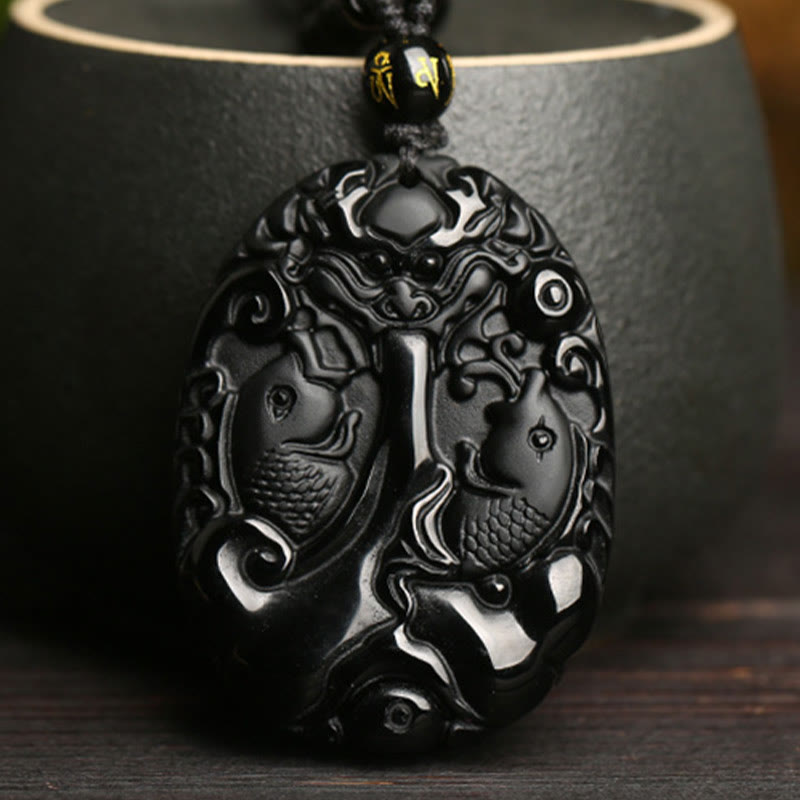 Black Obsidian Koi Fish Bead Rope Fulfilment Strength Necklace Pendant