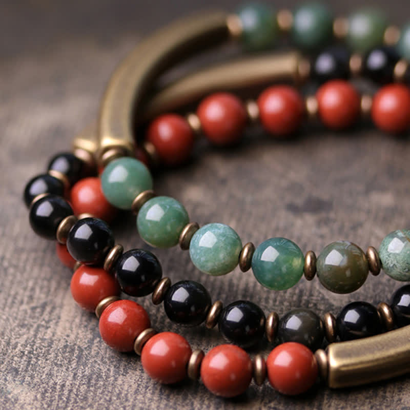 Handmade Red Jasper Moss Agate or Black Obsidian Copper Wrap Couple Bracelet