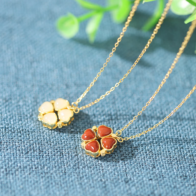 925 Sterling Silver Four Leaf Clover White Jade Red Agate Abundance Necklace Pendant