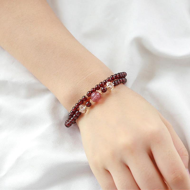 14K Gold Plated Natural Garnet Strawberry Quartz Stability Double Wrap Bracelet