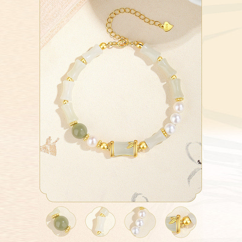 925 Sterling Silver Natural Hetian White Jade Bamboo Luck Blessing Bracelet