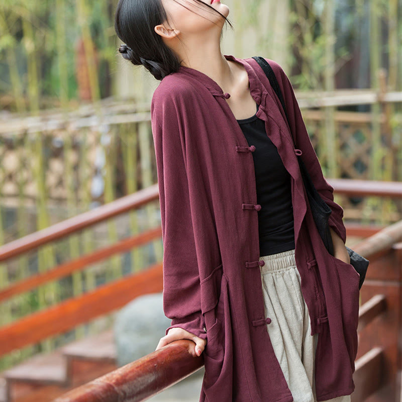 Frog-Button Long Sleeve Zen Meditation Open Front Jacket With Pockets