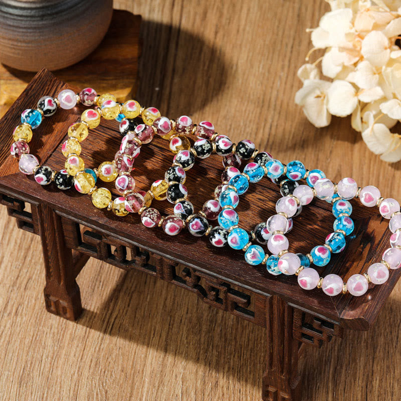 Gold Swallowing Beast Family Pink Love Heart Luminous Fluorescent Liuli Glass Bead Bracelet