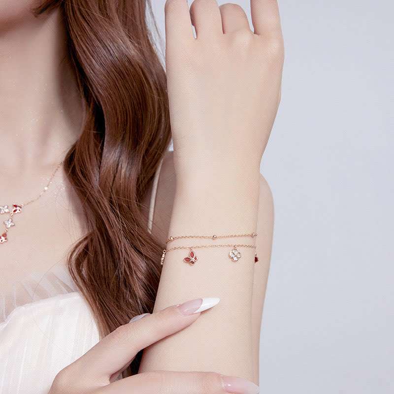 925 Sterling Silver Red Agate Tridacna Stone Butterfly Four Leaf Clover Calm Bracelet Necklace Pendant Set