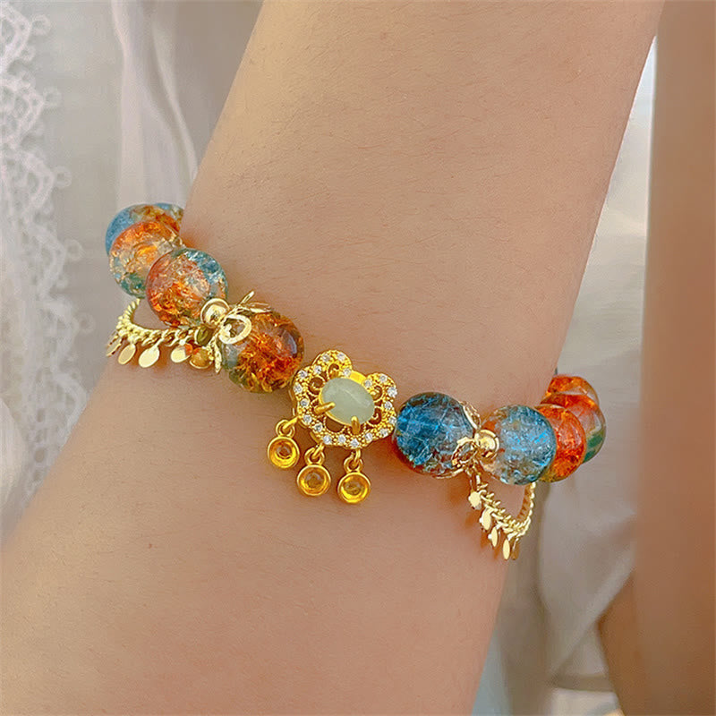 Colorful Liuli Glass Bead Chinese Lock Charm Fortune Bracelet
