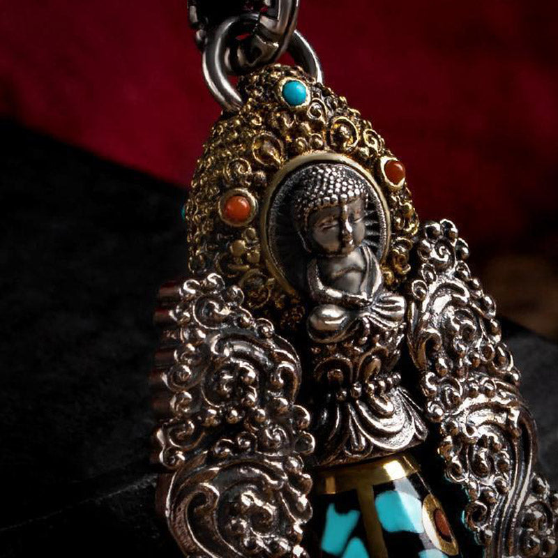 Tibetan Nine-Eye Dzi Bead Turquoise Buddha Wealth Rotation Necklace (Extra 30% Off | USE CODE: FS30)