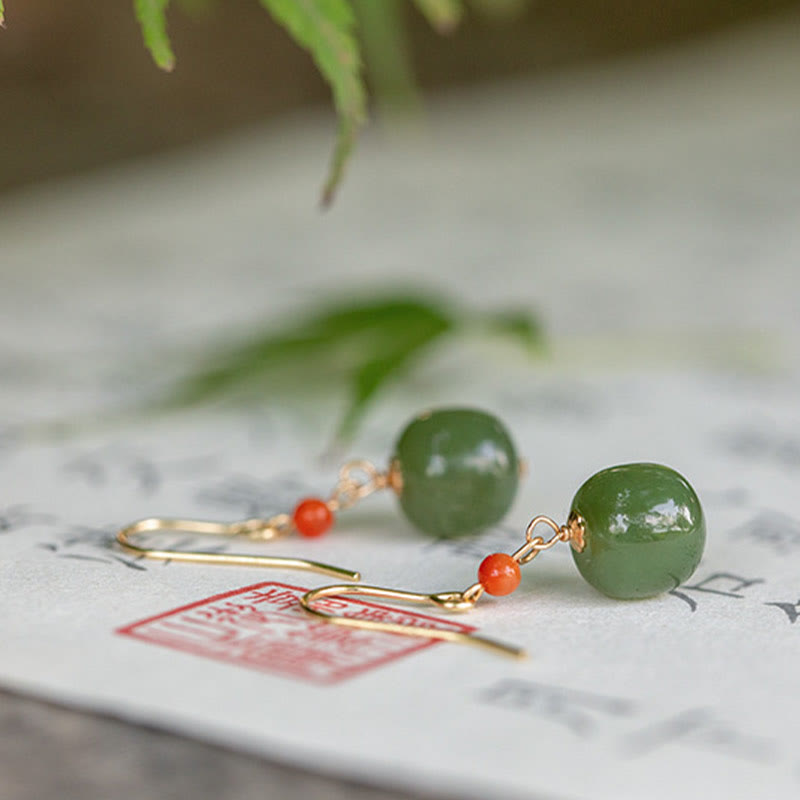 925 Sterling Silver Plated 14k Gold Hetian Jade Red Agate Luck Drop Dangle Earrings
